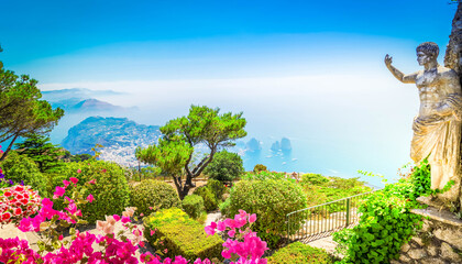 View of sea and garden from mount Solaro of Capri island, Italy, web banner with flowers