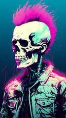 Vaporwave poster of skeleton with nicely done hair, Generative AI