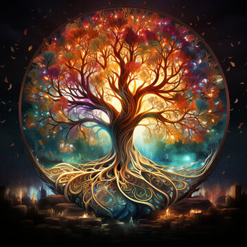 Baum des Lebens, Lebensbaum, Farbenfroher Baum der Tr&auml;ume, Traumhafter Baum, Lebensader, Nachtleuchten, Polarlichter