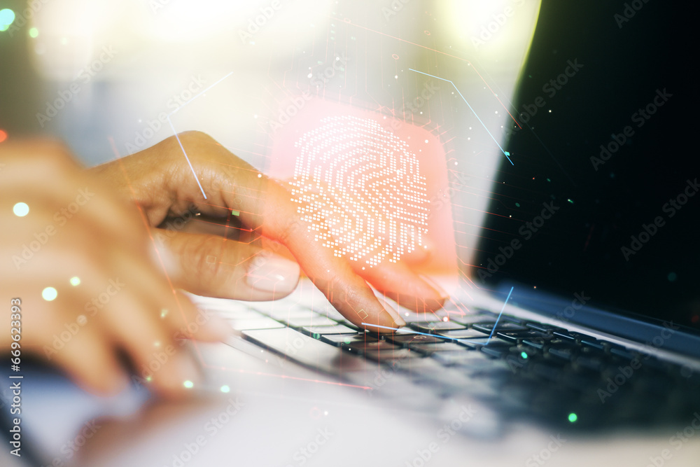 Poster double exposure of abstract creative fingerprint hologram with hands typing on laptop on background,