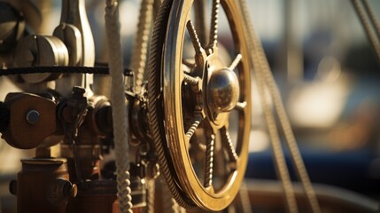 A close up of a steering wheel on a sail boat, AI