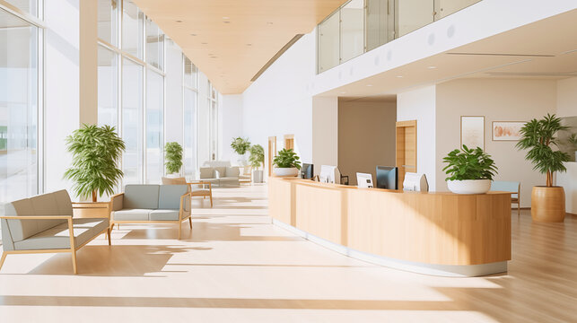 Within a modern medical facility with a warm color scheme, the focus is on the welcoming desk, featuring clean lines, professional design, comfortable seating, and greenery.