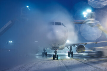 Deicing of airplane before flight. Winter frosty night and ground service at airport during...