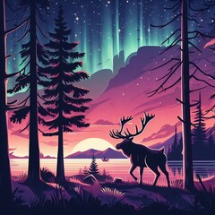 Deer in pine wood near lake at dusk with aurora, digital art