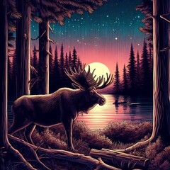 Moose in pine wood near lake at dusk with aurora, digital art