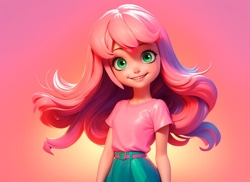 cute cartoon girl with pink hair and green eyes