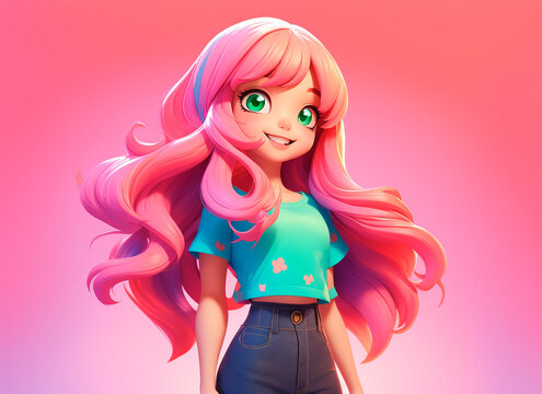 cute cartoon girl with pink hair and green eyes