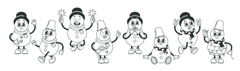 Black and White Cartoon Snowmen Characters In Retro Style. Winter Personages with Carrot Noses, Coal Eyes