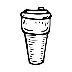 Thermal mug sketch. Cup hot drink tea or coffee. Hand drawn illustration.