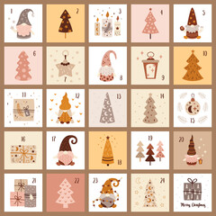 Boho Christmas Advent calendar for kids in cartoon style. Christmas countdown