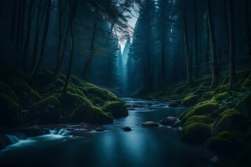 a serene, moonlit forest scene with a tranquil river running through it.