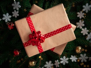 Two gift boxes with a red satin bow in craft paper on a Christmas background with snowflakes and Christmas balls. Postcard. Congratulation