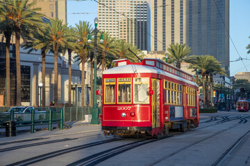  street car at canal street in early morning without people in New Orleans