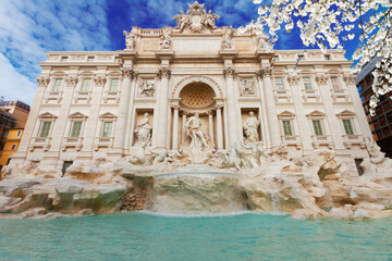 view of restored Fountain di Trevi in Rome spring day, Italy