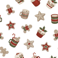Christmas seamless pattern. Gingerbread cookies, Christmas dessers and drinks. Perfect for wrapping paper, packaging design, seasonal home textile, greeting cards and other printed goods