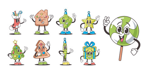 Christmas Retro Groovy Characters Set. Stocking with Sweets, Gingerbread House, Bauble and Star. Xmas Tree, Wrapped Gift