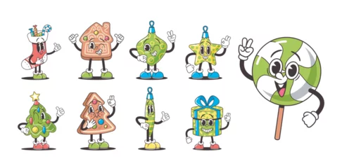Deurstickers Robot Christmas Retro Groovy Characters Set. Stocking with Sweets, Gingerbread House, Bauble and Star. Xmas Tree, Wrapped Gift