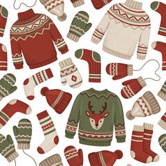 Hand drawn seamless pattern with winter knitwear illustrations. Hygge time. Perfect for wrapping paper, packaging design, seasonal home textile, greeting cards and other printed goods
