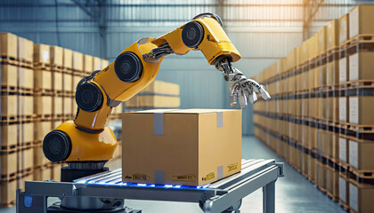 Industrial robot arm grabbing the cardboard box on roller conveyor rack with storage warehouse background. Technology and artificial intelligence innovation concept