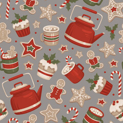 Christmas seamless pattern. Hygge time. Gingerbread cookies, Christmas dessers and drinks. Perfect for wrapping paper, packaging design, seasonal home textile, greeting cards and other printed goods