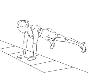 Ladder Plank Walk exercise Line Drawing isolated on copy space white background, Plank side walk exercise editable vector illustration, Continuous one line drawing, work out clip art, exercise drawing
