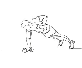 Renegade row exercise Line Drawing isolated on copy space white background, Dumbbell Renegade Row exercise editable vector illustration, Continuous one line drawing, work out clip art, Line art