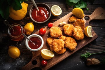 A top-down view of golden crispy chicken nuggets, served with lemon and tomato salsa. - obrazy, fototapety, plakaty
