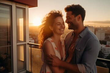 A couple standing on their balcony, enjoying the view of the city from their new apartment, with arms wrapped around each other and big smiles on their faces.
