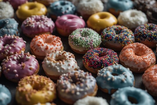 Miniature donuts with colorful glaze and sprinkles.