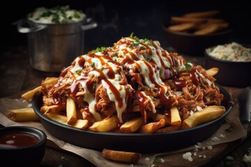 BBQ Pulled Pork Poutine, Smoky pulled pork, Smothered in tangy barbecue sauce, Layered on crispy fries and cheese curds, Finished with a drizzle of ranch dressing.