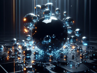 An abstract technical background image of glowing black, blue and amber colored orbs  
