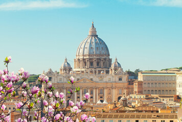 cityline of Rome with St. Peter's cathedral at spring day, Italy - obrazy, fototapety, plakaty