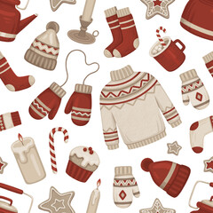 Winter seamless pattern. Hygge time. Perfect for wrapping paper, packaging design, seasonal home textile, greeting cards and other printed goods