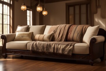 Close up of fabric sofa with white and terra cotta pillows. AI Generated