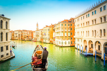 Grand Canal with facades of historical houses, Venice Italy, toned image