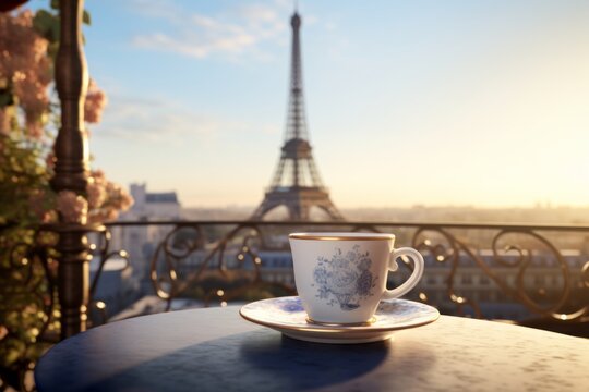 Morning in Paris. A cup of tea or coffee is on the table on the balcony overlooking the Eiffel Tower
