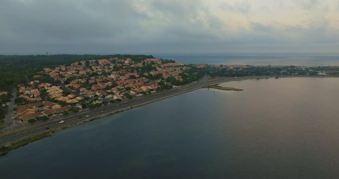 Aerial view mediterranean sea coast Leucate harbor vacation France. Famous place for water sports such as kitesurfing and windsurfing