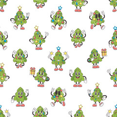 Obraz premium Groovy Christmas Tree Characters Dancing In A Seamless Pattern, Spreading Holiday Cheer With A Retro Twist