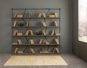 bookcase and window with view designed for interior design, home, hotel and office. carpet on parquet