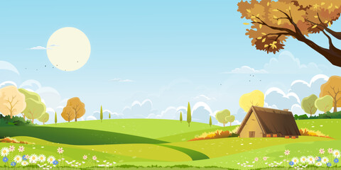 Spring Landscape,Mountain with green field,blue sky and clouds,Panorama Summer rural nature in with grass land on hill.Cartoon Vector illustration backdrop for Nature banner