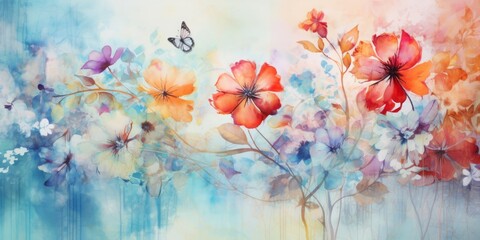 Wide view of a flower and a single butterfly, rendered in an artistic form for a poetic experience.

