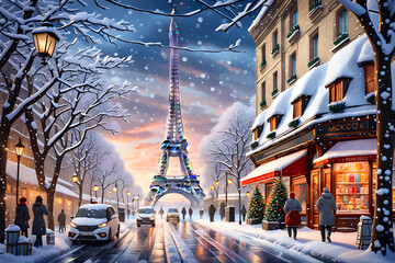 generative AI Enchanted Parisian Winter: Eiffel Tower's Snowy Twilight
