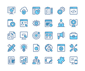 Web development icons set. Vector line icons. Blue color outline stroke symbols. Modern concepts