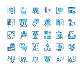Question icons. Vector line icons set. Help, problem solving, solution, customer support concepts. Black outline stroke symbols
