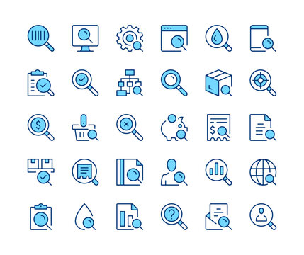 Search icons set. Vector line icons. Blue color outline stroke symbols. Modern concepts