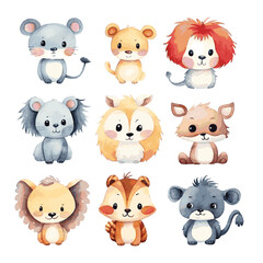 Set of cute funny cartoon animals watercolor paint on white background