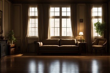 Empty classic apartment with two rooms, living room interior background. AI Generated