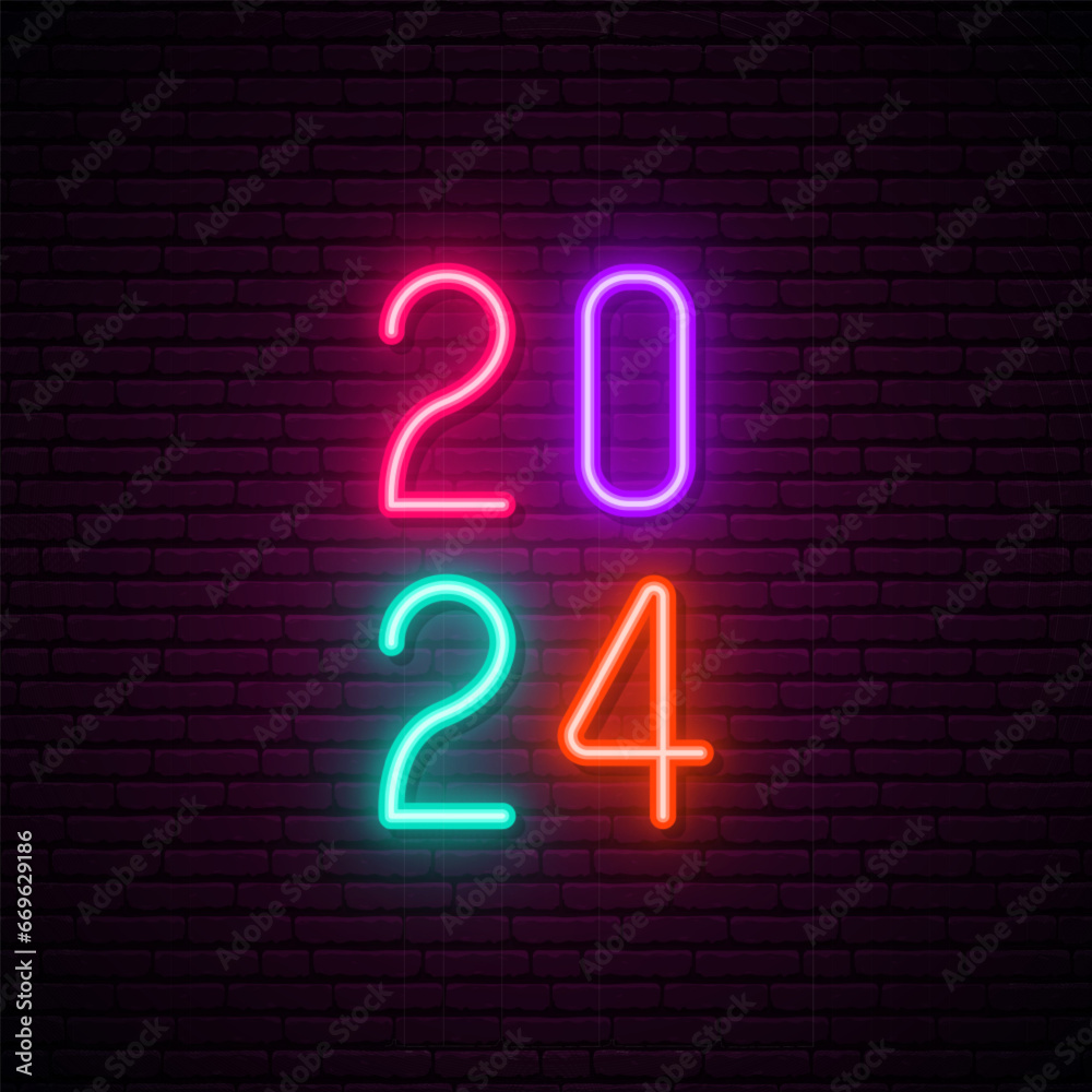 Wall mural 2024 Happy new year neon signboard. Multicolored numbers glowing on a dark background. Vector illustration for Holidays projects.