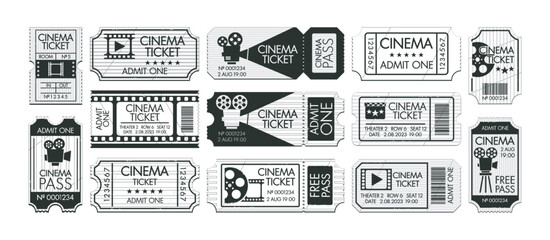 Black And White Vector Set Of Vintage Cinema Tickets. Retro Admit Card, Pass Coupon To Movie Theater, Monochrome Icons