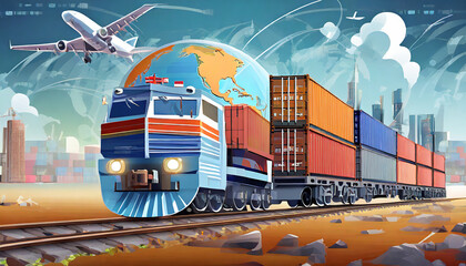 Global business of Container Cargo freight train for Business logistics concept, Air cargo trucking, Rail transportation and maritime shipping